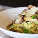 Spaghetti with fava bean pesto & maitake mushrooms